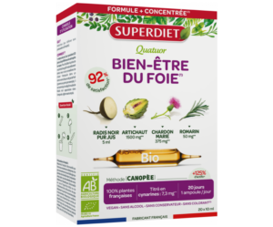Superdiet Quatuor Bien-être du foie Bio, Kwartet DOBROSTAN WĄTROBY, rzodkiew+ostropest+rozmaryn+karczoch, suplement diety, 20x10ml, ampułki, NIŻSZA CENA NA START