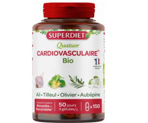 SuperDiet Quatuor Cardiovasculaire Bio, kwartet sercowo-naczyniowy, czosnek+lipa+liście oliwne+głóg, suplement diety wspierający serce i krążenie, 150 kapsułek, NIŻSZA CENA NA START